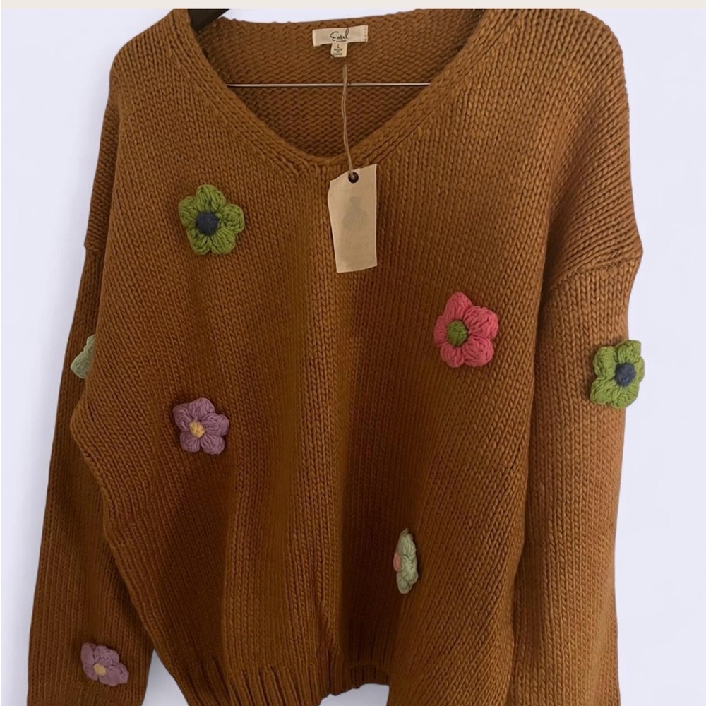 Easel Brown V-Neck Sweater with Colorful Floral Details
